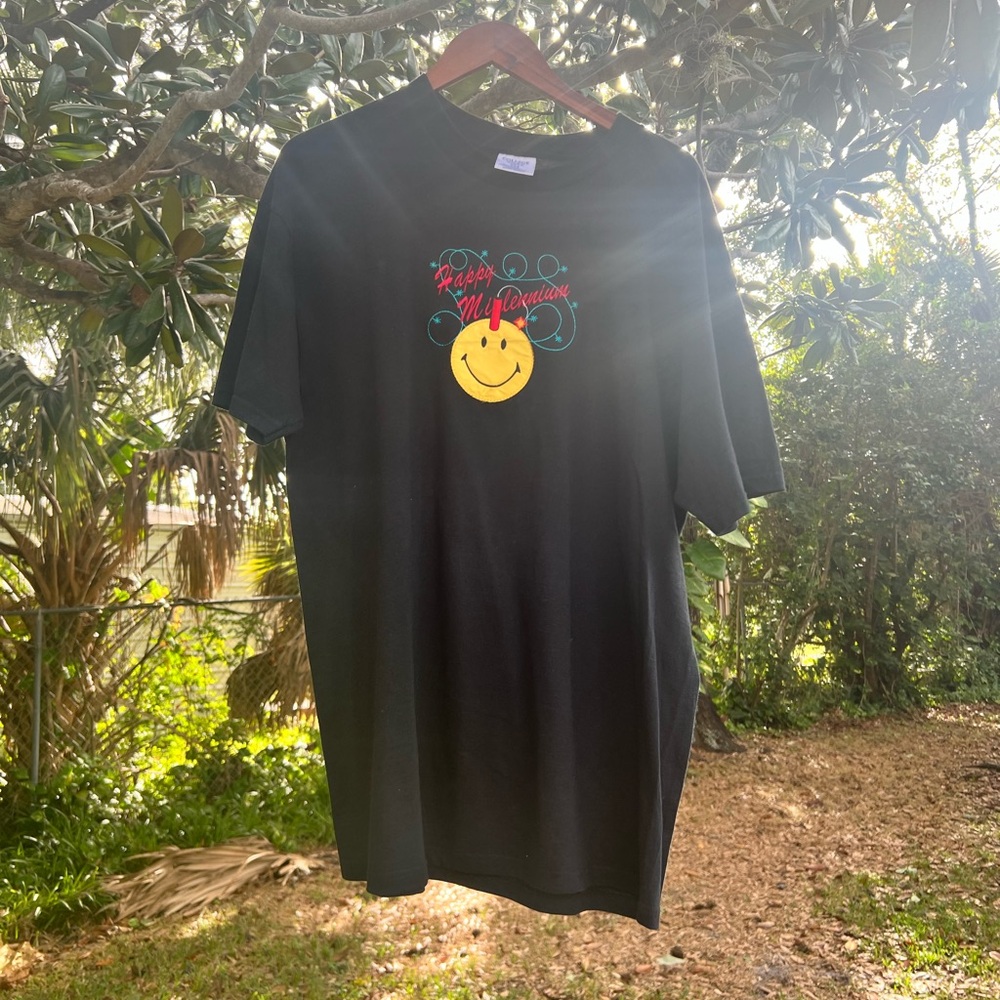 Black Graphic Tee with Smiley Design